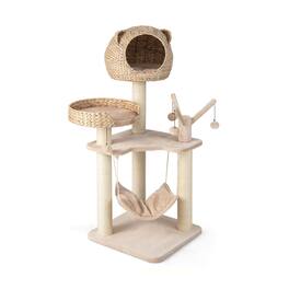 Kadyn - Cat Tower, Cat Tree for Indoor Cats, Multi-Level Cat Tree with Condo Hammock and Rotatable Hanging Balls-Natural - Brown
