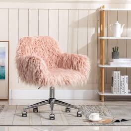 Trinkets Crazed - Faux Fur Home Office Chair Modern Faux Fur Accent Chair Furry Makeup Desk Chairs with Rolling Wheels Armrest - Pink