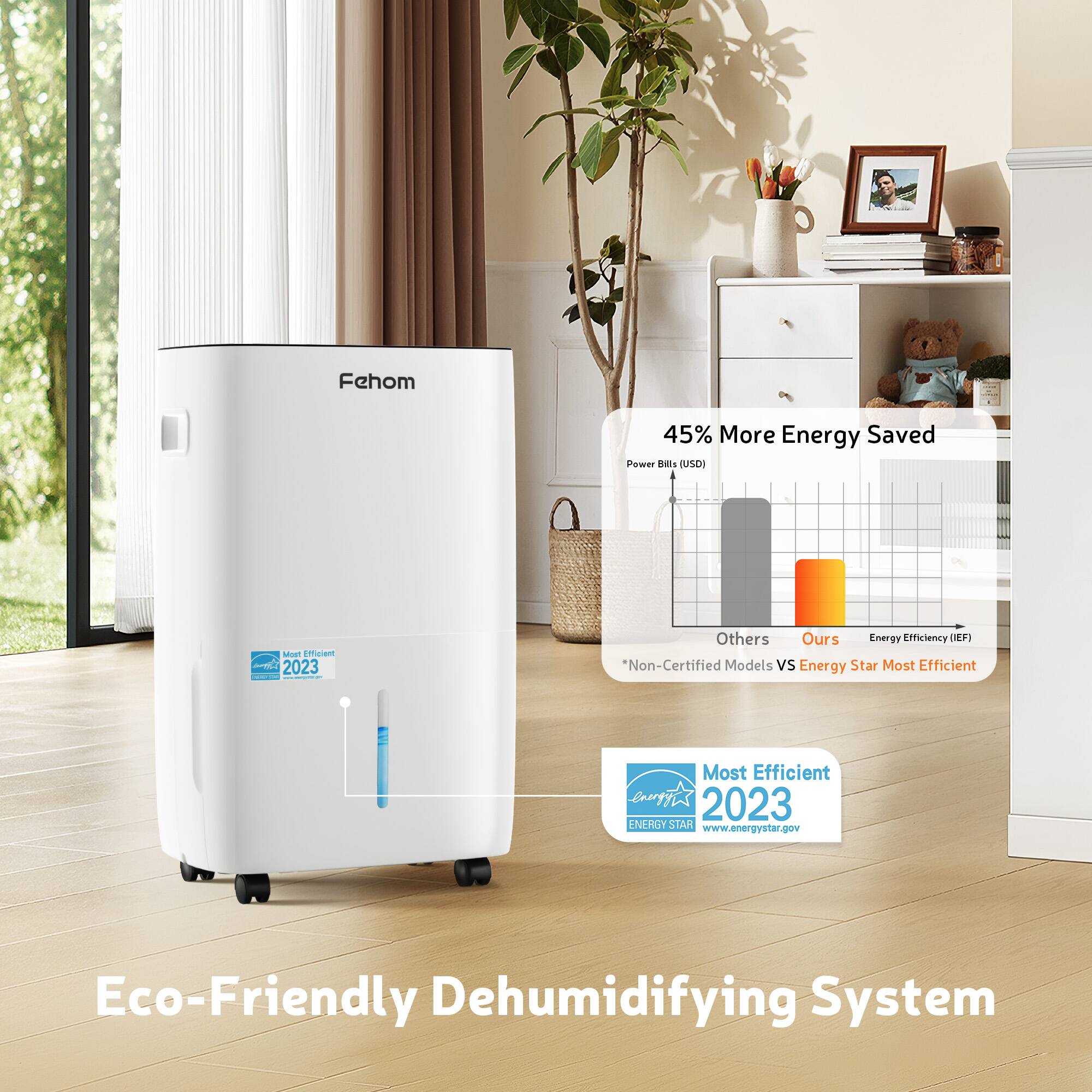 Fehom 45% More Energy Saved Power Bills (USD) | Most Efficient 2023 | Others Ours Energy Efficiency (IEF) "Non-Certified Models vs Energy Star Most Efficient | Most Efficient 2023 ENERGY STAR www.energystar.gov | Eco-Friendly Dehumidifying System