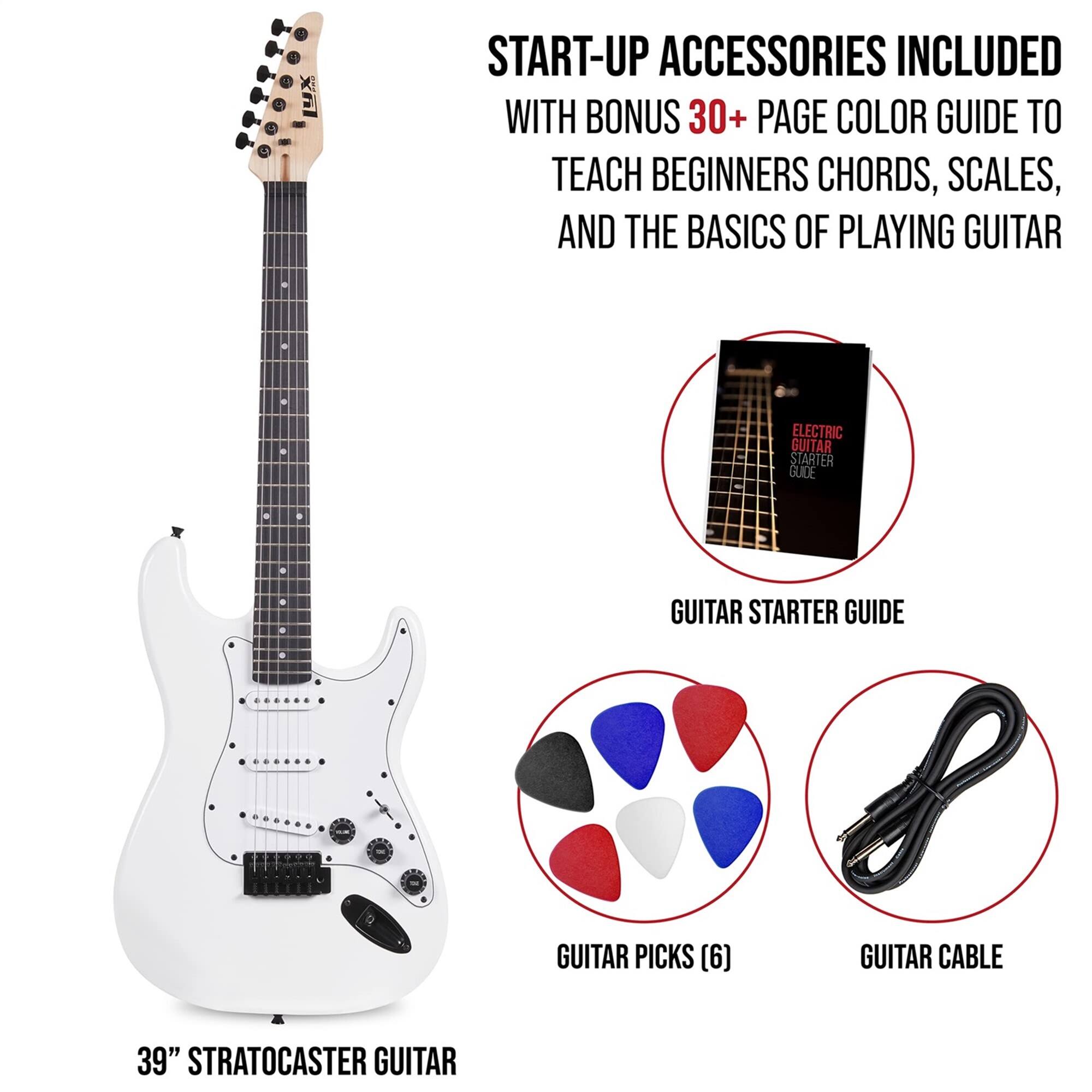 X 19X START-UP ACCESSORIES INCLUDED WITH BONUS 30+ PAGE COLOR GUIDE TO TEACH BEGINNERS CHORDS, SCALES, AND THE BASICS OF PLAYING GUITAR ELECTRIC GUITAR STARTER GUIDE GUITAR STARTER GUIDE GUITAR PICKS (6) GUITAR CABLE 39" STRATOCASTER GUITAR