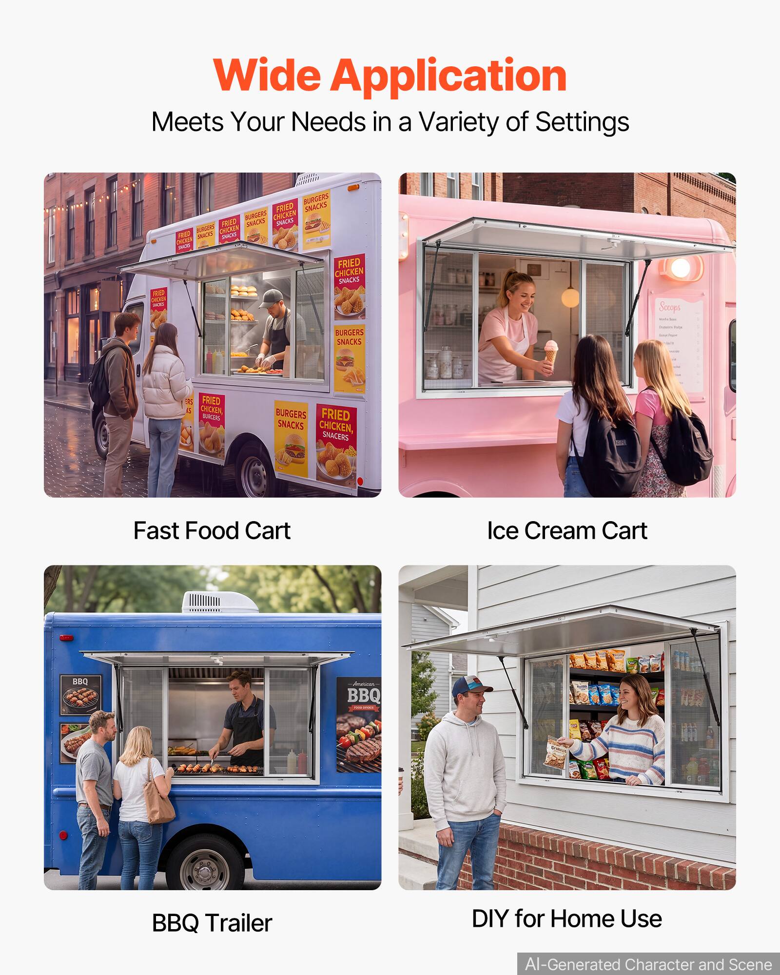 Wide Application Meets Your Needs in a Variety of Settings

MITIM BURGERS FRIED MACKS BUROFES CMCKEN PRaD SRACKT sAS AULtn FRAS sn -N - NN FRIED CHICKEN SNACKS RVA LLAS - Scops BURGERS SNACKS FRIED a DECKP SUNCIAL BURGERS FRIED SNACKS CHICKEN, SNACERS

Fast Food Cart Ice Cream Cart | 380 BBQ BBQ Trailer DIY for Home Use

AI-Generated Character and Scene