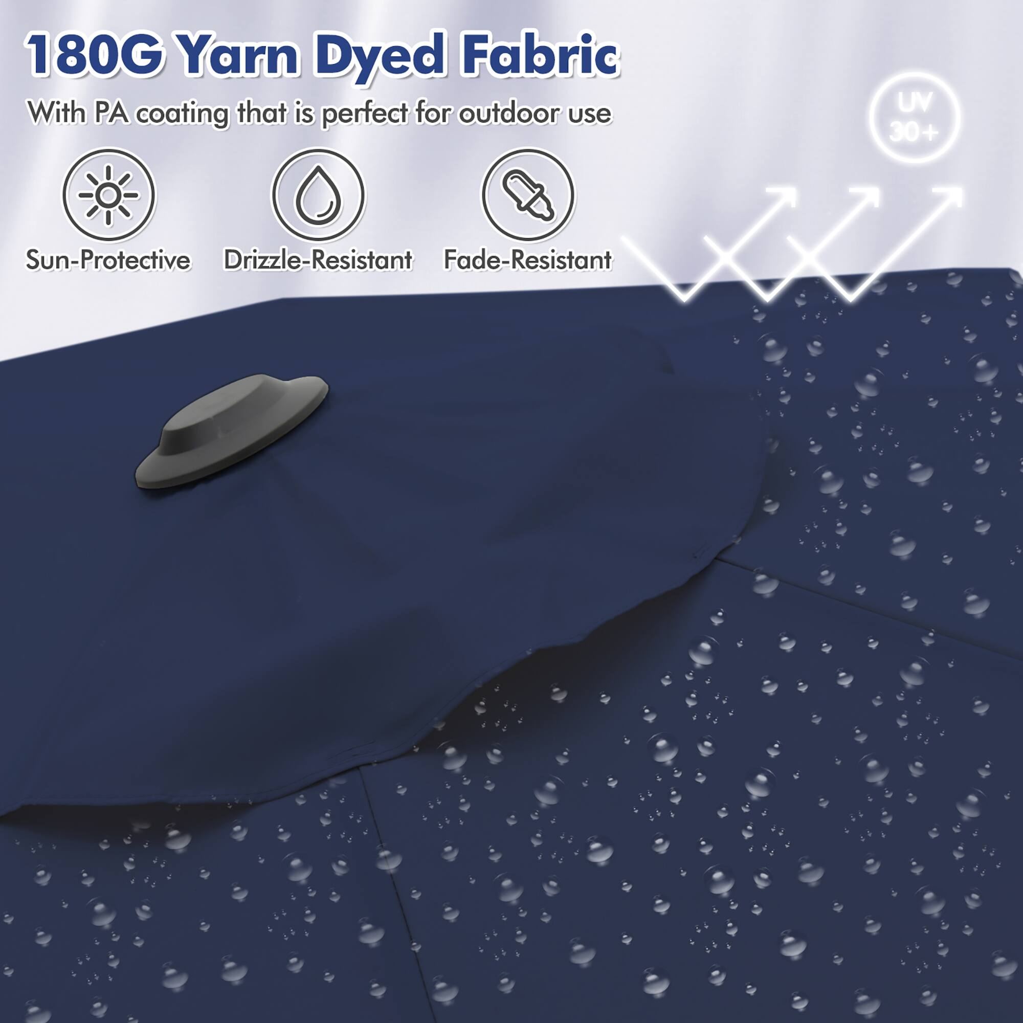 180G Yarn Dyed Fabric  
With PA coating that is perfect for outdoor use  

- Sun-Protective  
- Drizzle-Resistant  
- Fade-Resistant  

UV 30+