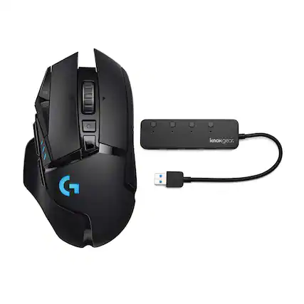 Front. Logitech - Logitech G502 Light Speed Wireless Gaming Mouse and Knox Gear 4-Port USB 3.0 Hub - Black.