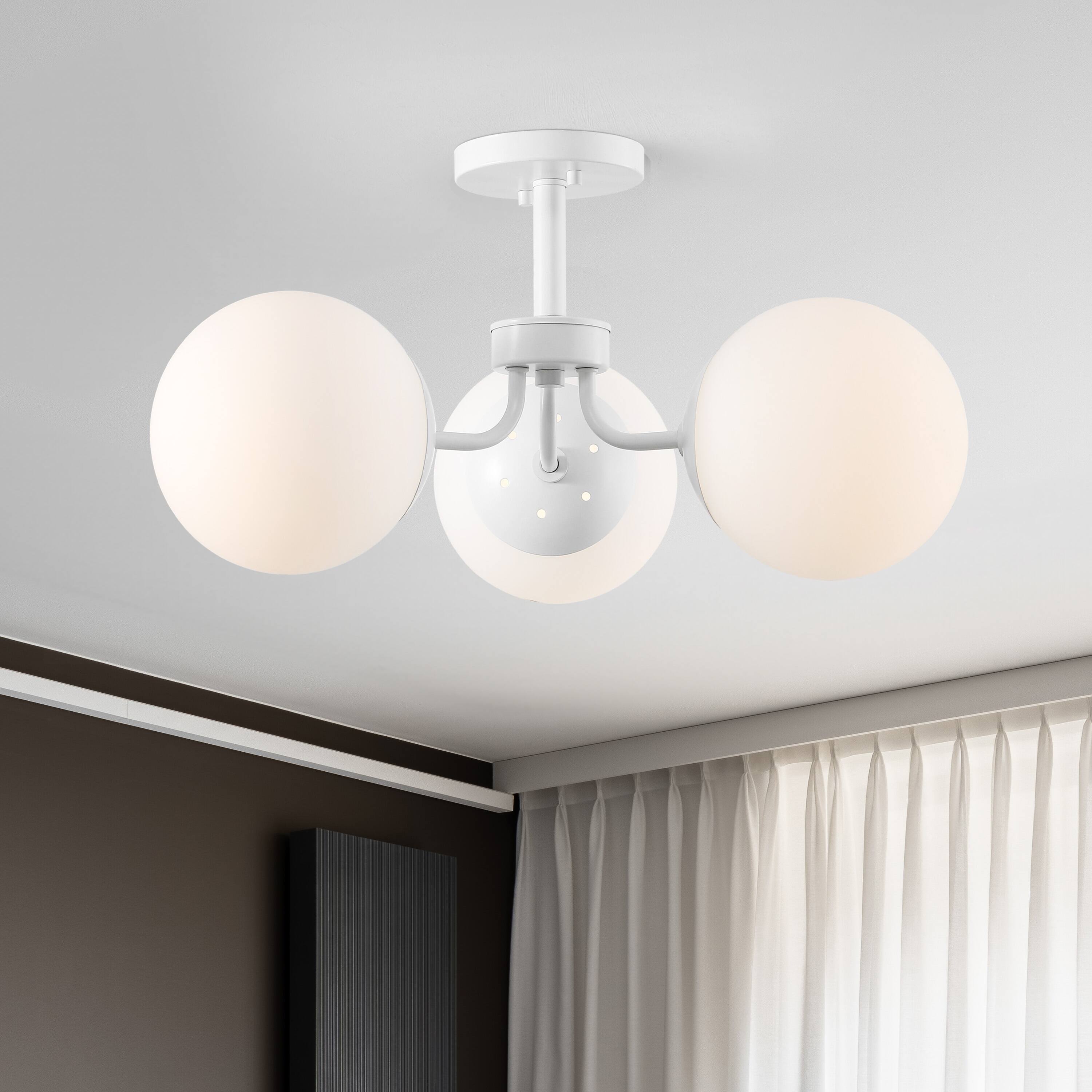 Alt View 1. Jonathan Y - Olivier 23.5" 3-Light Bohemian Farmhouse Iron/Frosted Glass LED Semi Flush Mount, White - White.