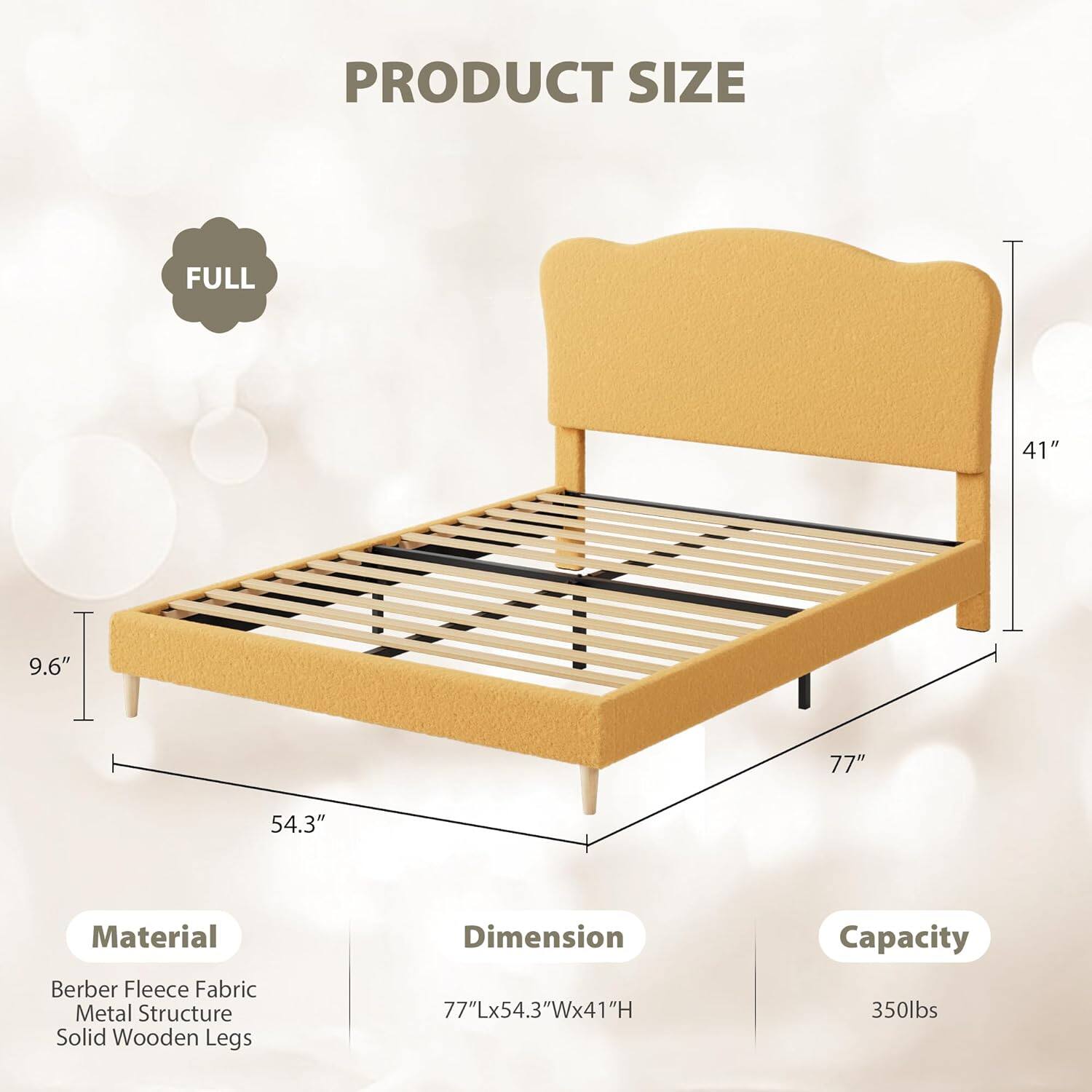 GARVEE- Full Kids Velvet Upholstered Bed Frame with Scallop Headboard, Platform, Wood Slats, Noise-Free, No Box Spring- Yellow