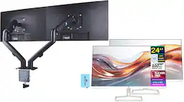 HP - Series 5 524sa 24" FHD Monitor, Flicker Free, White/Silver (94C36AA#ABA) 2 Pack w/DKZ Hub & Ergoflexy Dual Mount Arm - Black