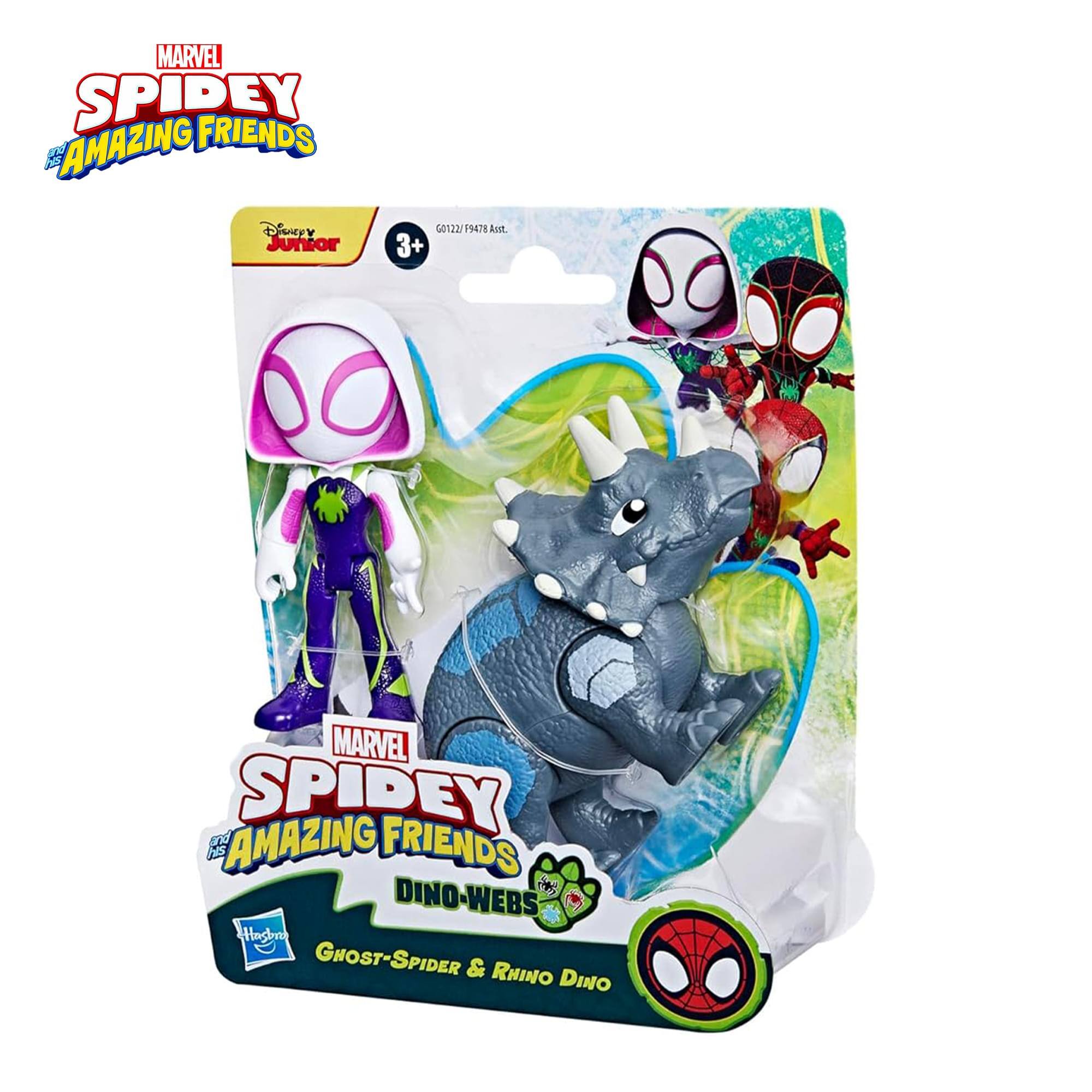 MARVEL SPIDEY AMAZING FRIENDS  
Disney Junior  
3+  
G0122F94878.Ast.  

MARVEL SPIDEY AMAZING FRIENDS  
DINO-WEBS  
Ghost-Spider & Rhino Dino