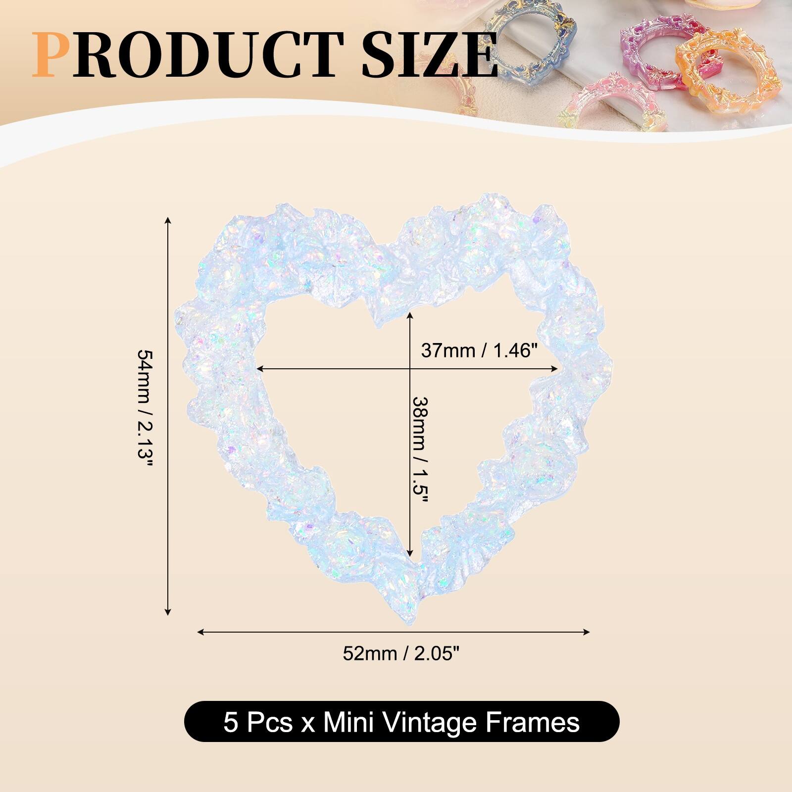 PRODUCT SIZE

54mm / 2.13"  
37mm / 1.46"  
38mm / 1.5"  
52mm / 2.05"  

5 Pcs x Mini Vintage Frames