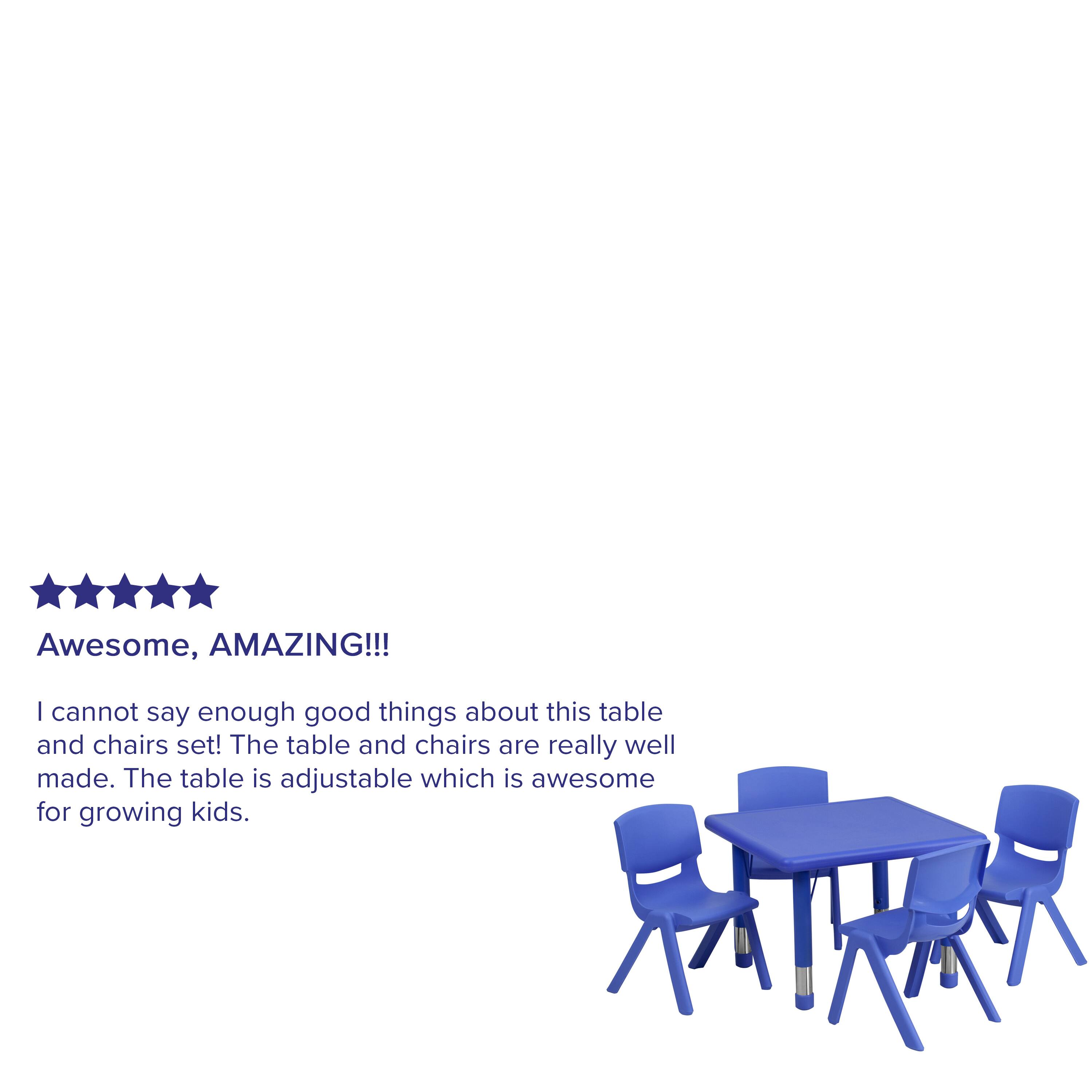 Awesome, AMAZING!!!  
I cannot say enough good things about this table and chairs set! The table and chairs are really well made. The table is adjustable which is awesome for growing kids.