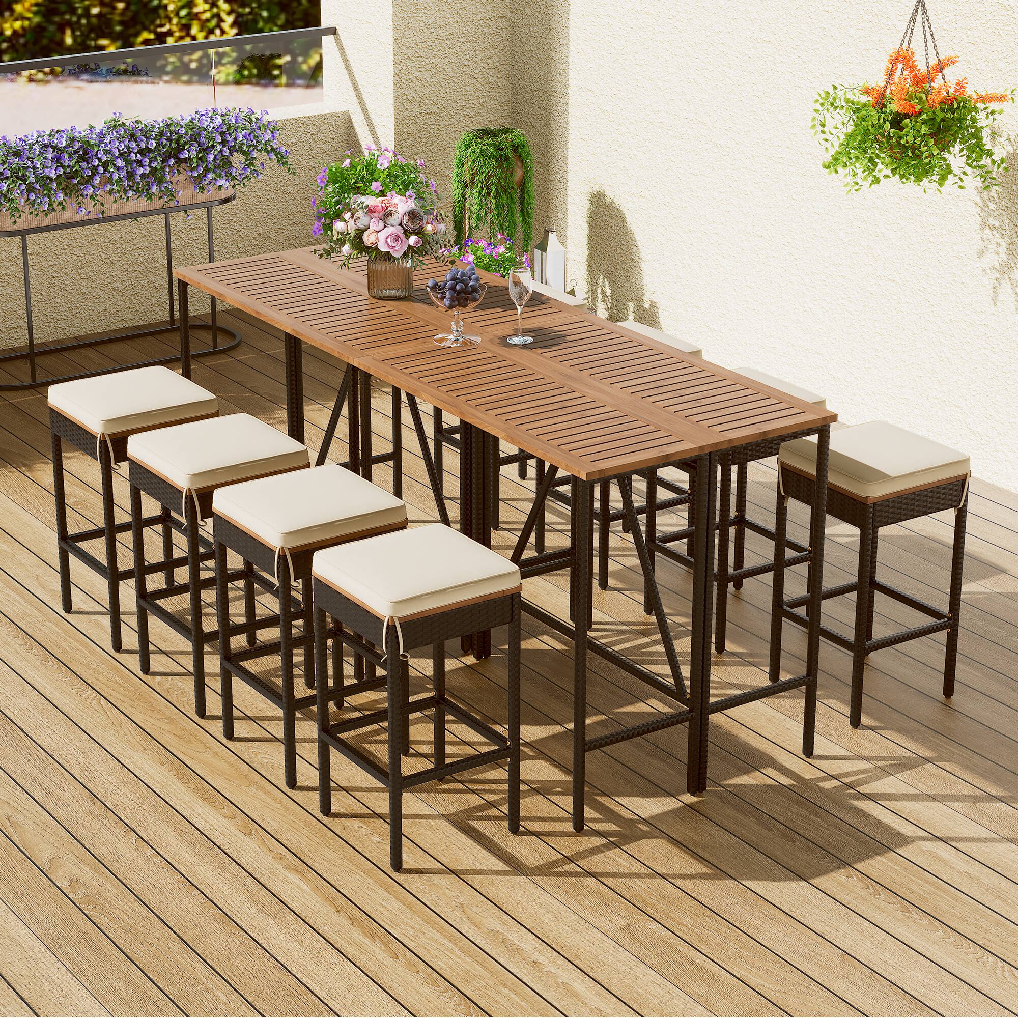 Angle. Mondawe - 10-Piece Outdoor Acacia Wood PE Rattan Wicker Bar Height Table And Eight Stools With Cushions - Brown.