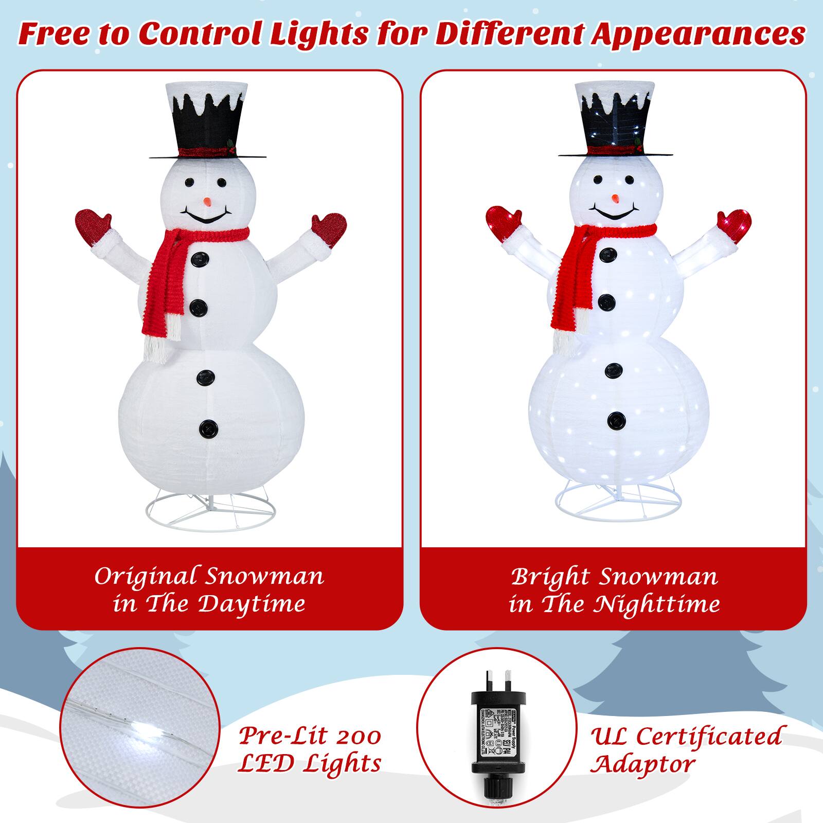 Free to Control Lights for Different Appearances

Original Snowman in The Daytime

Bright Snowman in The Nighttime

Pre-Lit 200 LED Lights

UL Certificated Adaptor