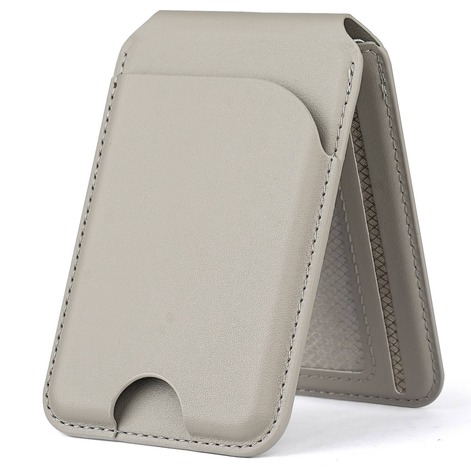 Angle. Alpha Digital - Magnetic Leather Wallet - MagSafe, Adjustable Phone Stand, Compatible w/ iPhone 12-17 - Grey.