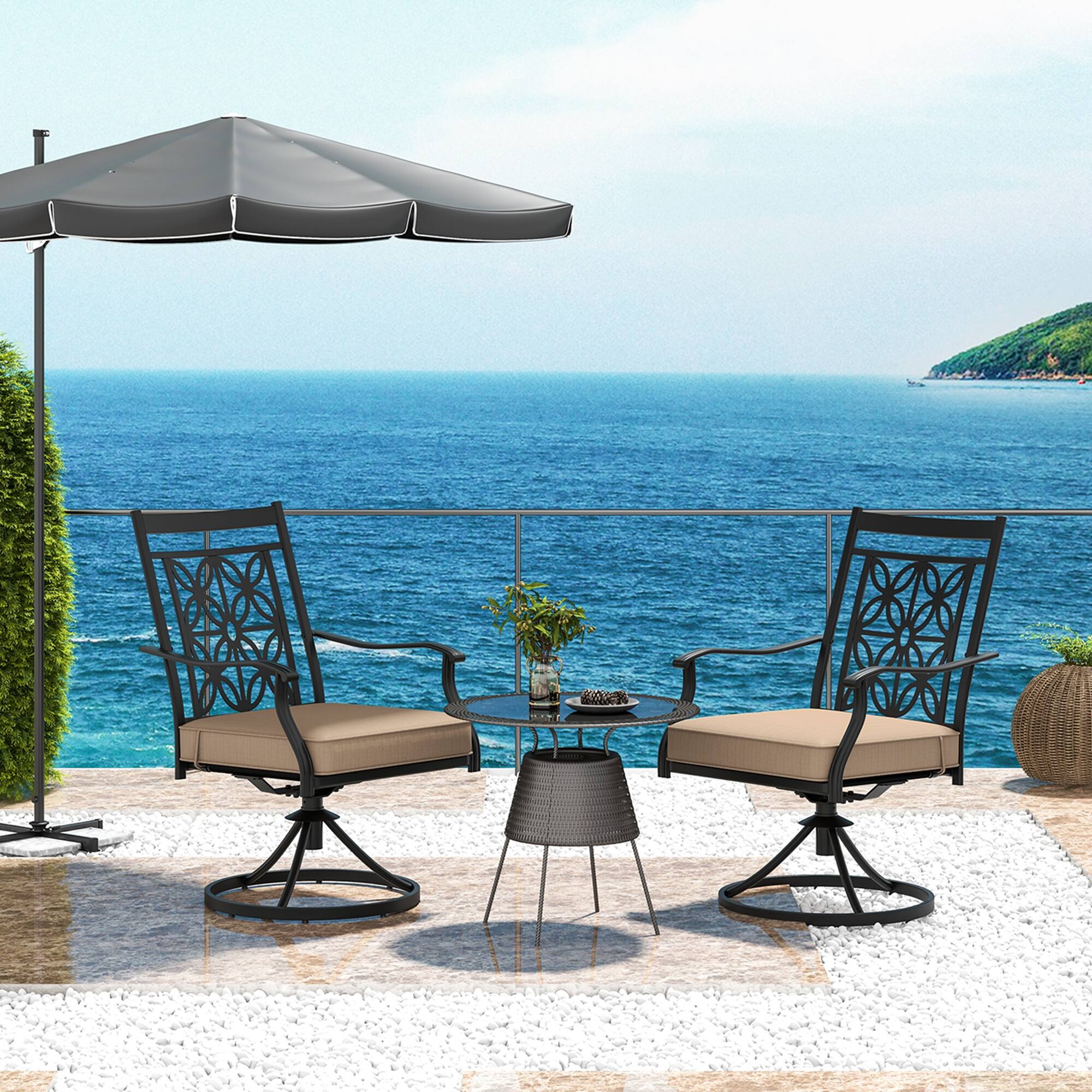 Alt View 4. Costway - Costway Patio Swivel Chair 2 PCS Outdoor Bistro Dining Chair Blossom Pattern Backrest - Black, khaki.