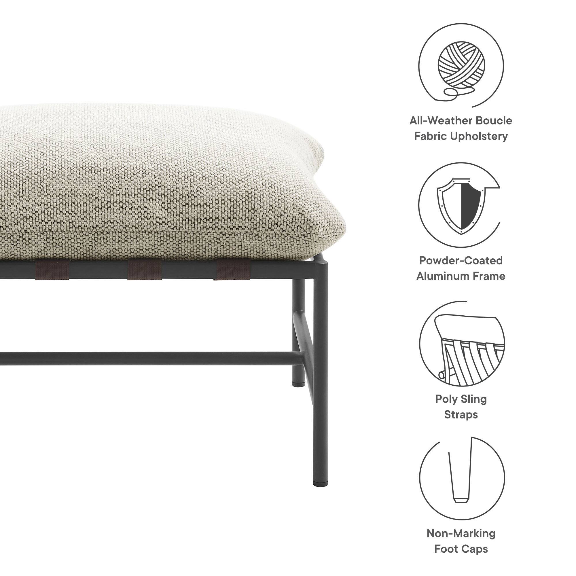All-Weather Boucle Fabric Upholstery  
Powder-Coated Aluminum Frame  
Poly Sling Straps  
Non-Marking Foot Caps