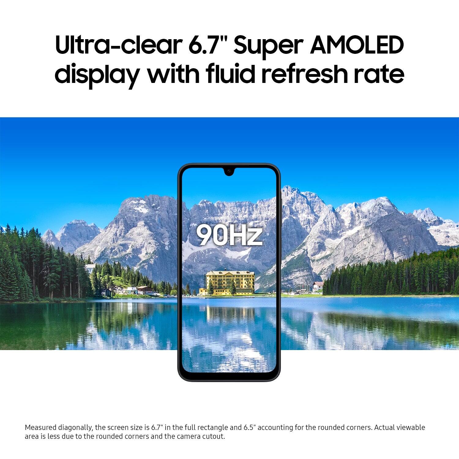 Ultra-clear 6.7" Super AMOLED display with fluid refresh rate 90Hz

Measured diagonally, the screen size is 6.7" in the full rectangle and 6.5" accounting for the rounded corners. Actual viewable area is less due to the rounded corners and the camera cutout.