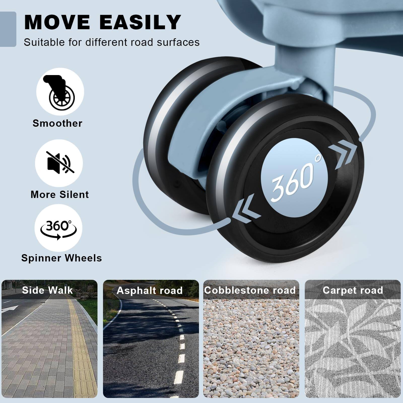 MOVE EASILY  
Suitable for different road surfaces  

- Smoother  
- More Silent  
- 360° Spinner Wheels  

Side Walk  
Asphalt road  
Cobblestone road  
Carpet road