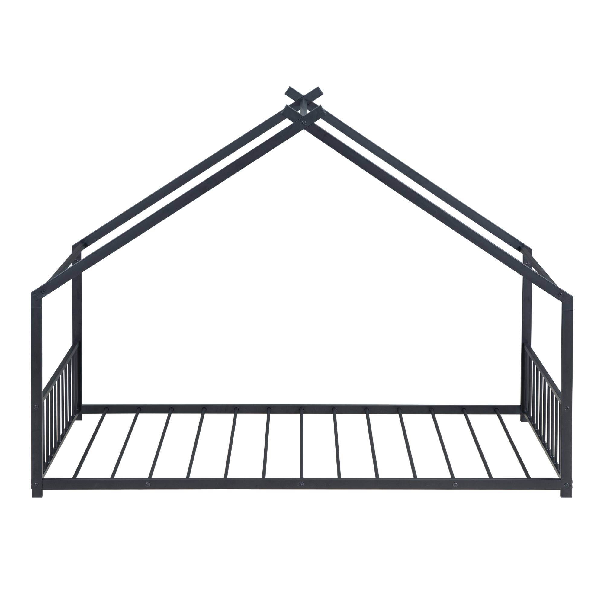Left. GOODSILO - Twin Size Metal House Frame Bed with Playful Roof Design for Children's Bedroom and Play Area - Black.
