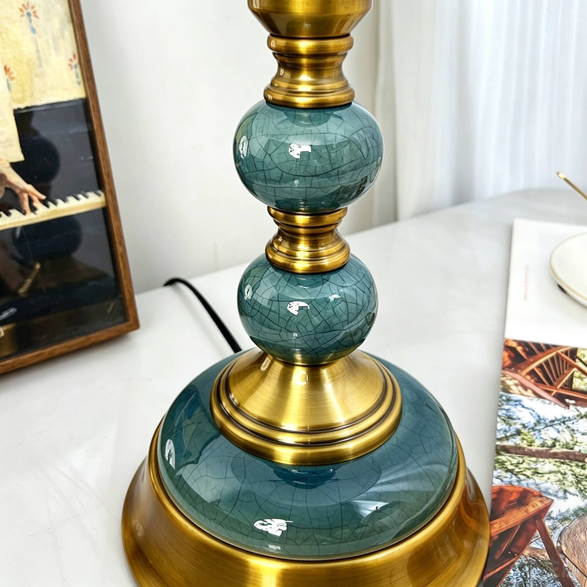 Alt View 2. partphoner - 13in Vintage Green Crackle Ceramic Table Lamp - Green.