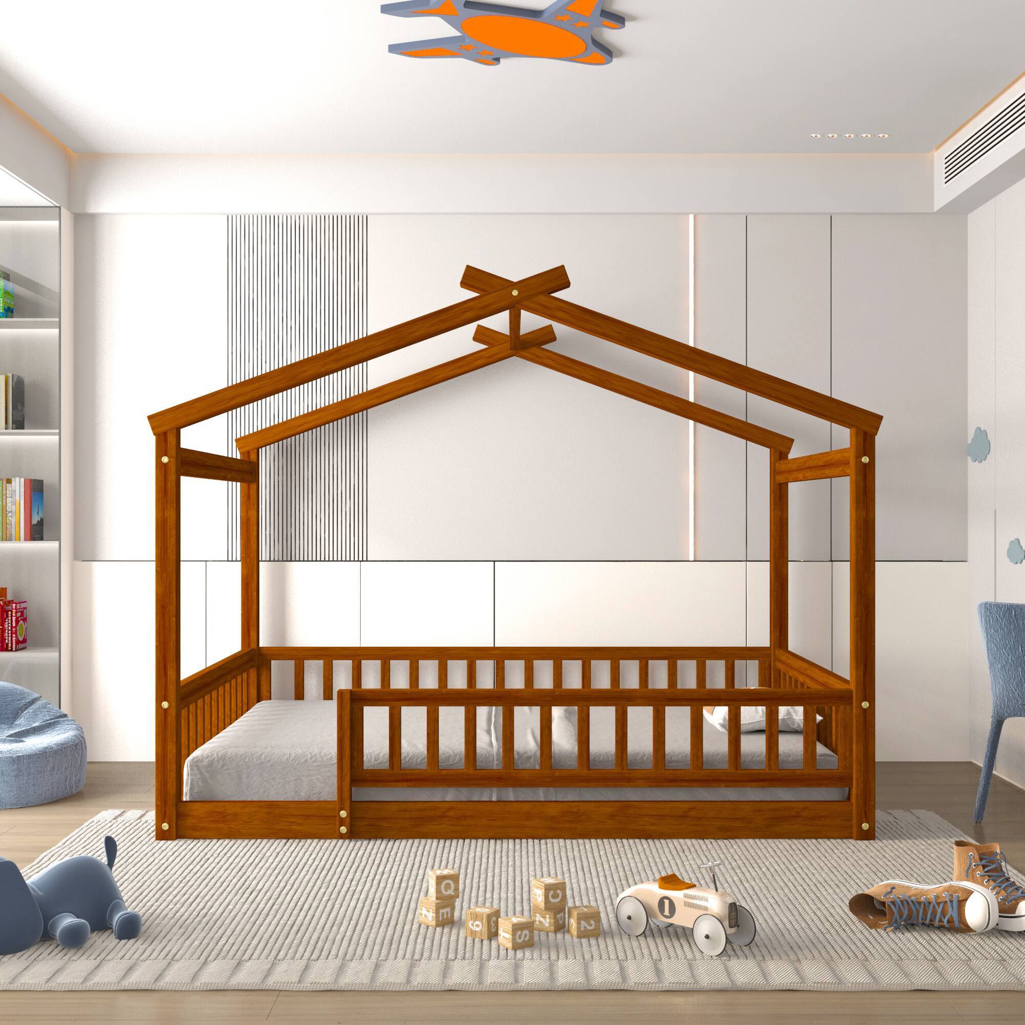 Angle. Whisen - Wood House Bed Frame with Fence for Kids and Teens - Walnut.