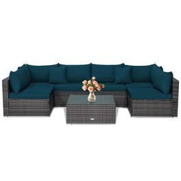 Gymax - Set of 7 Rattan Furniture Set Sectional Sofa Cushioned Patio Peacock Blue - Mix Grey, Peacock Blue