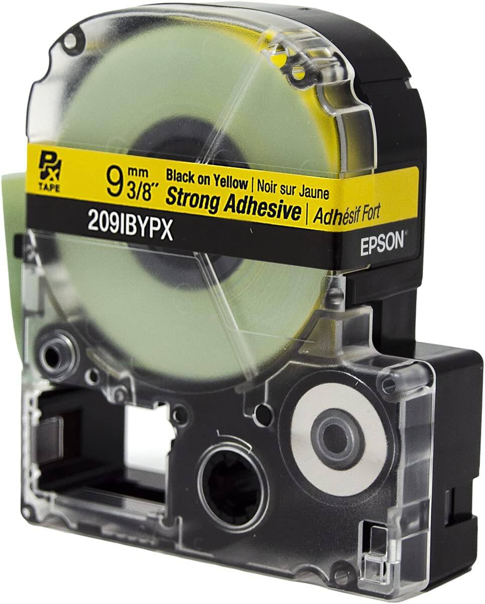 P x mm Black 9 on Yellow I TAPE 3/8" Noir sur Jaune Strong Adhesive | Adhésif Fort 209IBYPX EPSON

Corrected:
9 mm 3/8" Black on Yellow | Noir sur Jaune Strong Adhesive | Adhésif Fort 209IBYPX EPSON