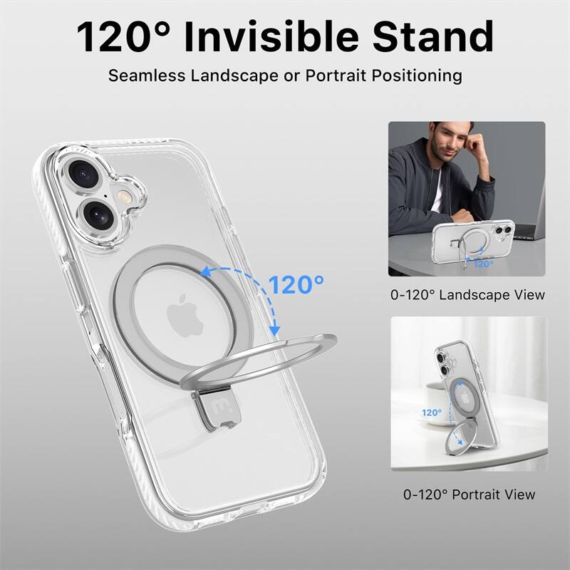 120° Invisible Stand, Seamless Landscape or Portrait Positioning, 0-120° Landscape View, 0-120° Portrait View