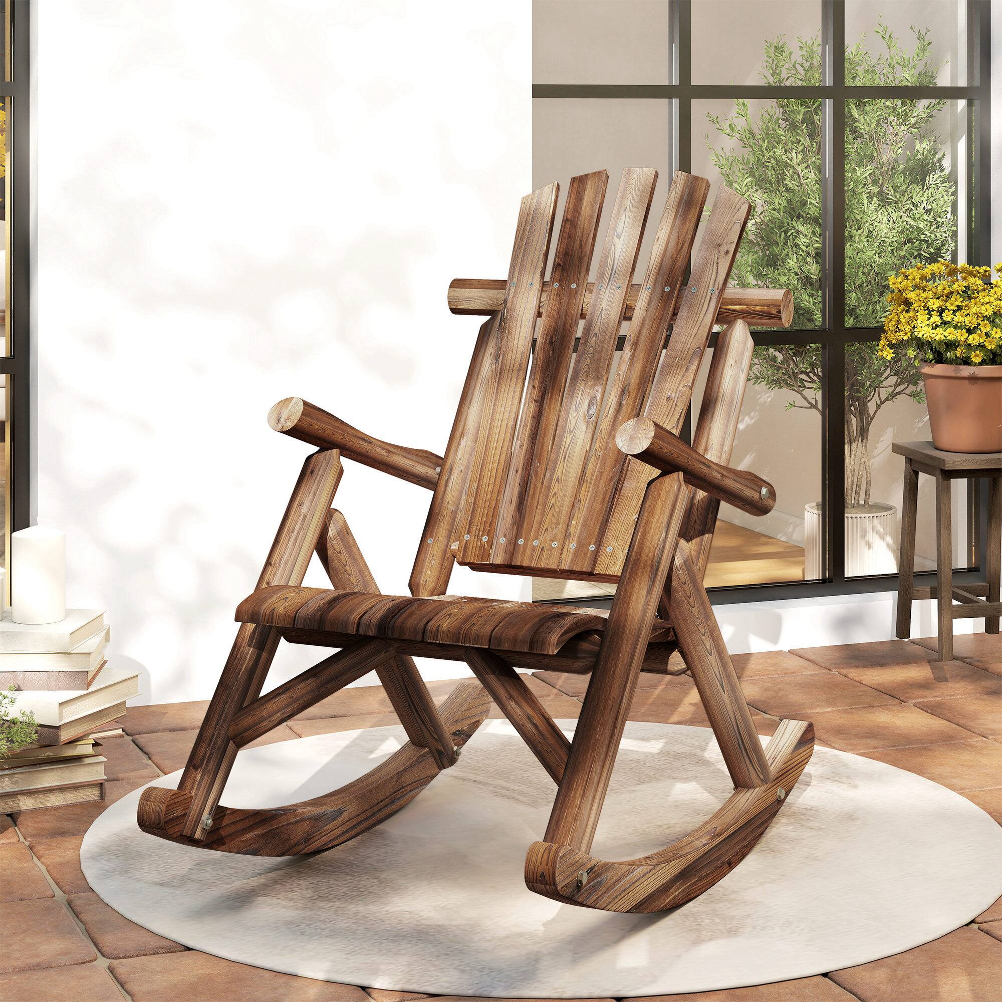 Alt View 1. Outsunny - Outdoor Wooden Rocking Chair, Single-Person Adirondack Rocking Patio Chair with Rustic High Back, Slatted Seat - Carbonized.