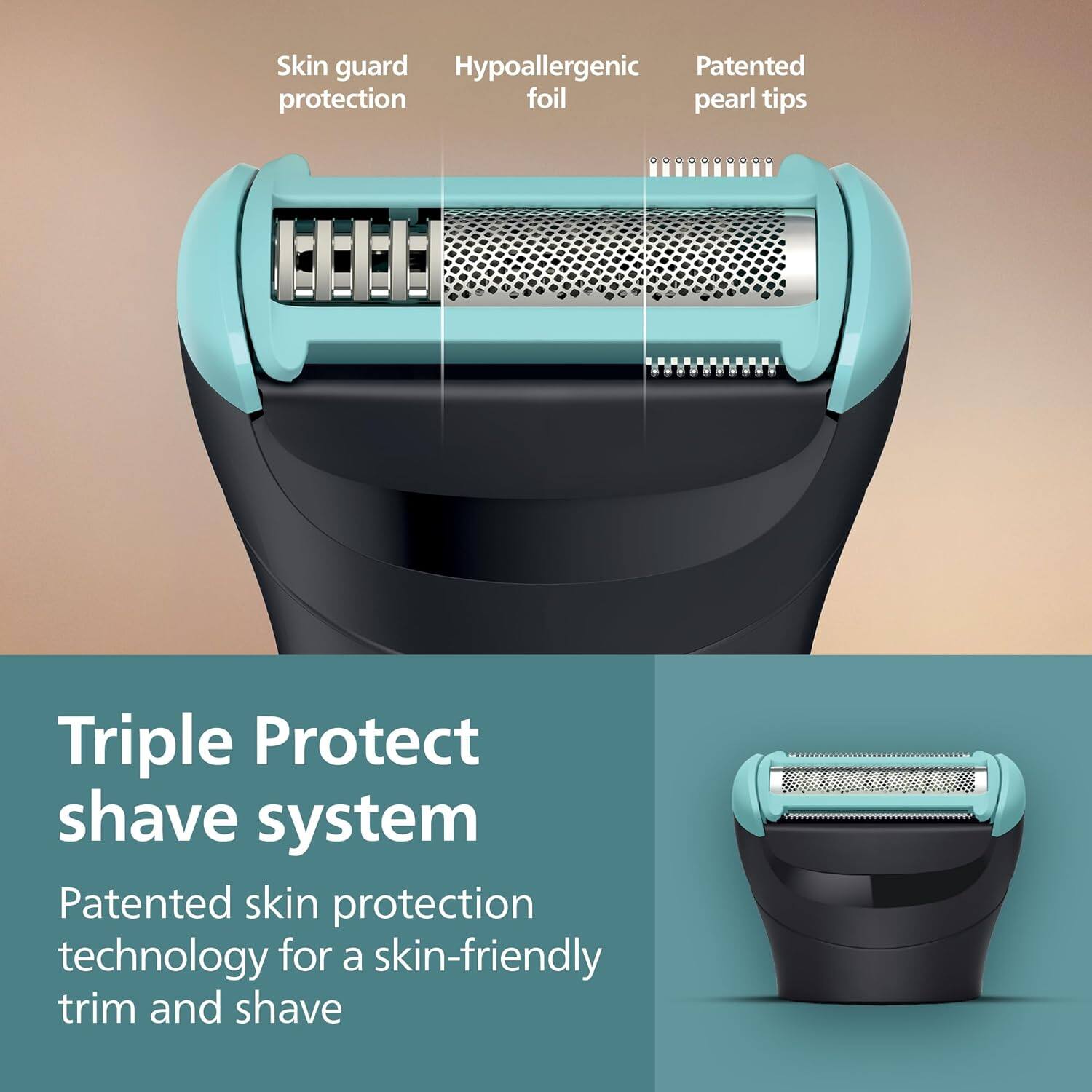 Skin guard Hypoallergenic Patented protection foil pearl tips Triple Protect shave system Patented skin protection technology for a skin-friendly trim and shave