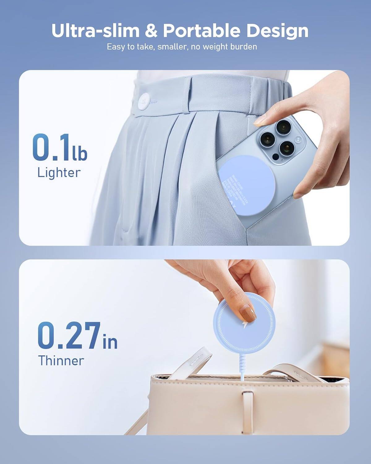 Ultra-slim & Portable Design  
Easy to take, smaller, no weight burden  

0.1lb Lighter  

0.27 in Thinner