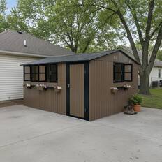 Front. Loheer - Loheer 12x10 Metal Shed Heavy Duty Outdoor Storage Shed with Clear Windows Flower Rack Lockable Single Door Brown Black.