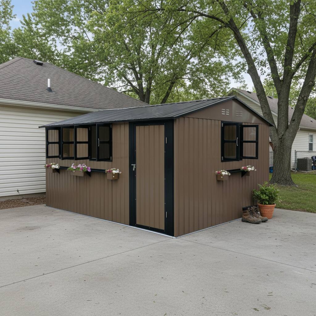 Angle. Anysun - 12x10 FT Outdoor Metal Storage Shed with 3 Clear Windows & Decorative Flower Rack – Lockable Single Door, Heavy Duty - Brown.