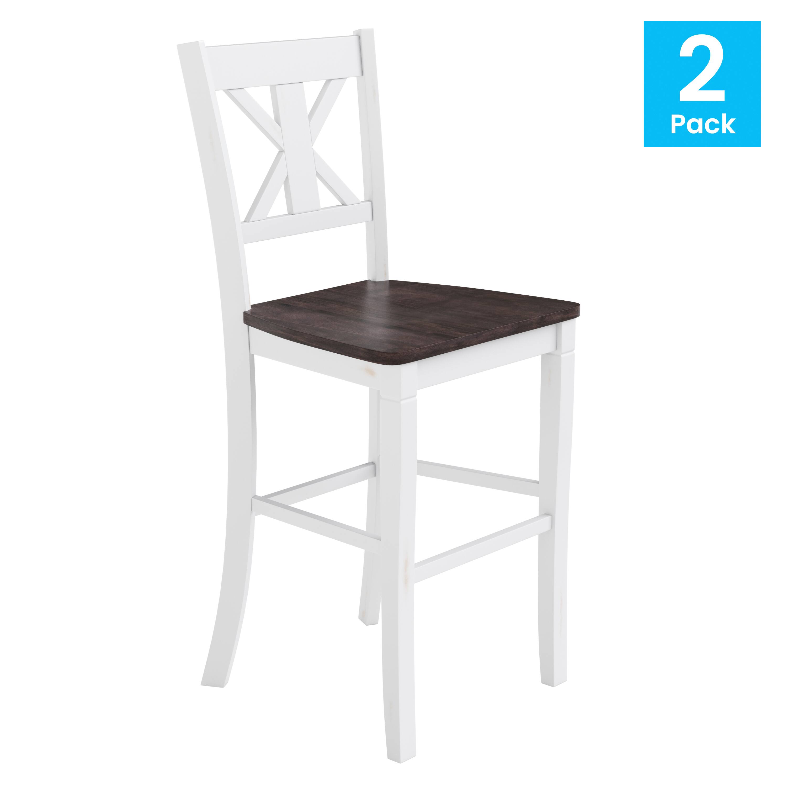 Alt View 2. Emma + Oliver - Lara Set of 2 Wooden Modern Farmhouse Bar Height Dining Stool with Decorative Carved Backrest and Wood Seat - White Wash.