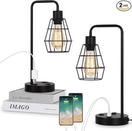 Oumilen - Industrial Table Lamps Set of 2 with USB Ports & AC Outlet, Black Metal Cage Nightstand Lamp for Bedroom Office