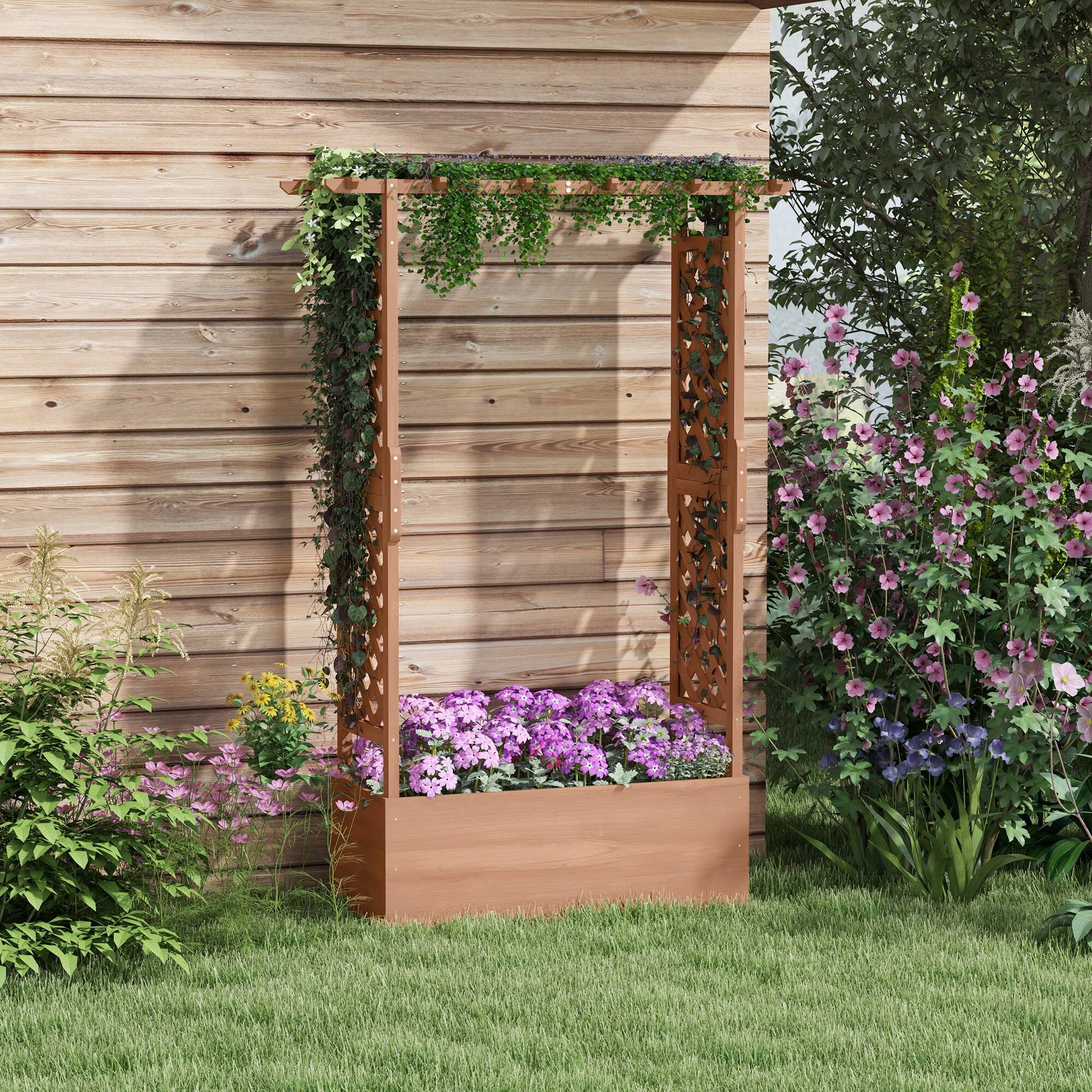 Alt View 1. Outsunny - Raised Garden Bed with Arch Trellis for Vine Climbing Plants, Hanging Flowers, 70.75" Tall Outdoor Wood Planter Box - Brown.
