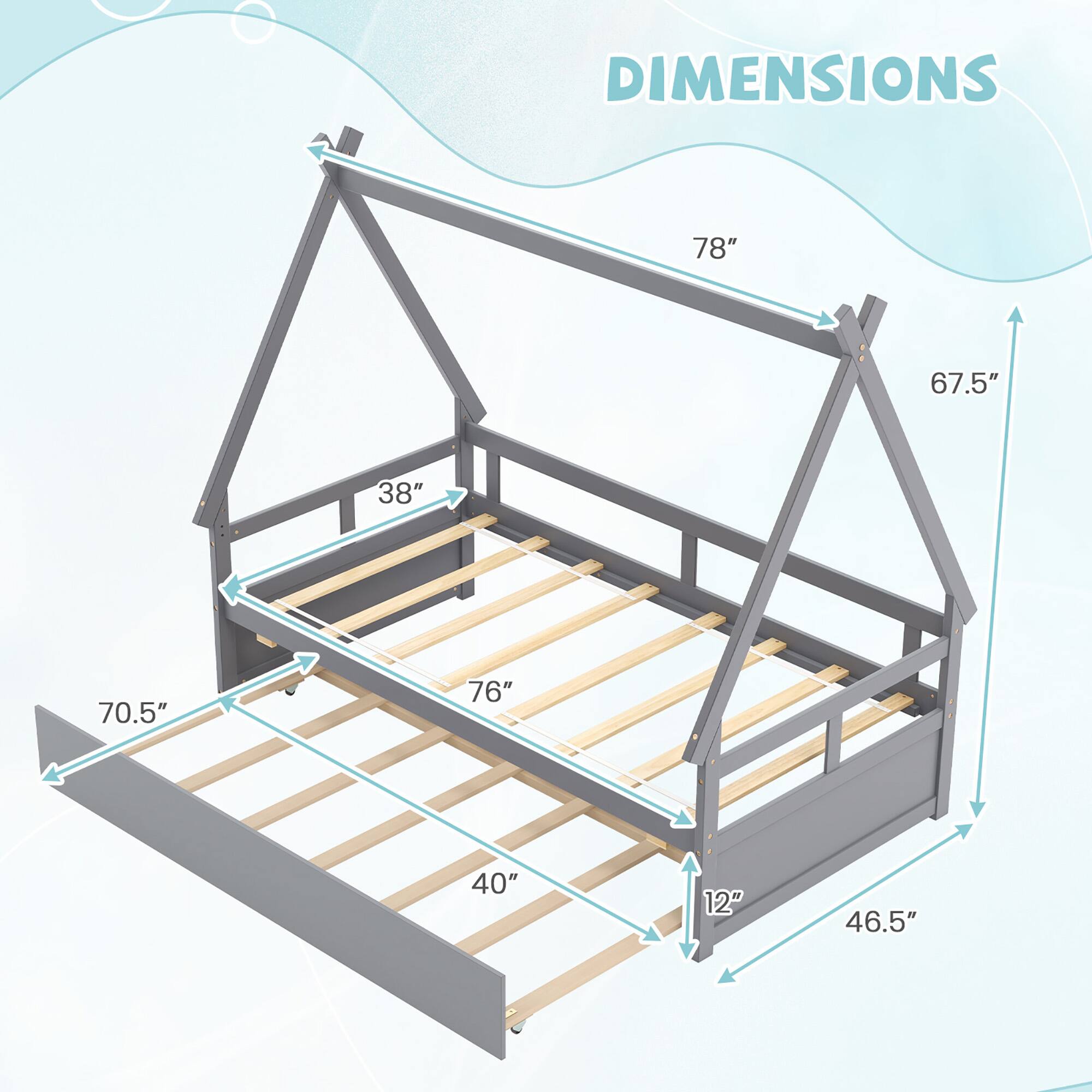 DIMENSIONS  
78"  
67.5"  
38"  
70.5"  
76"  
40"  
12"  
46.5"