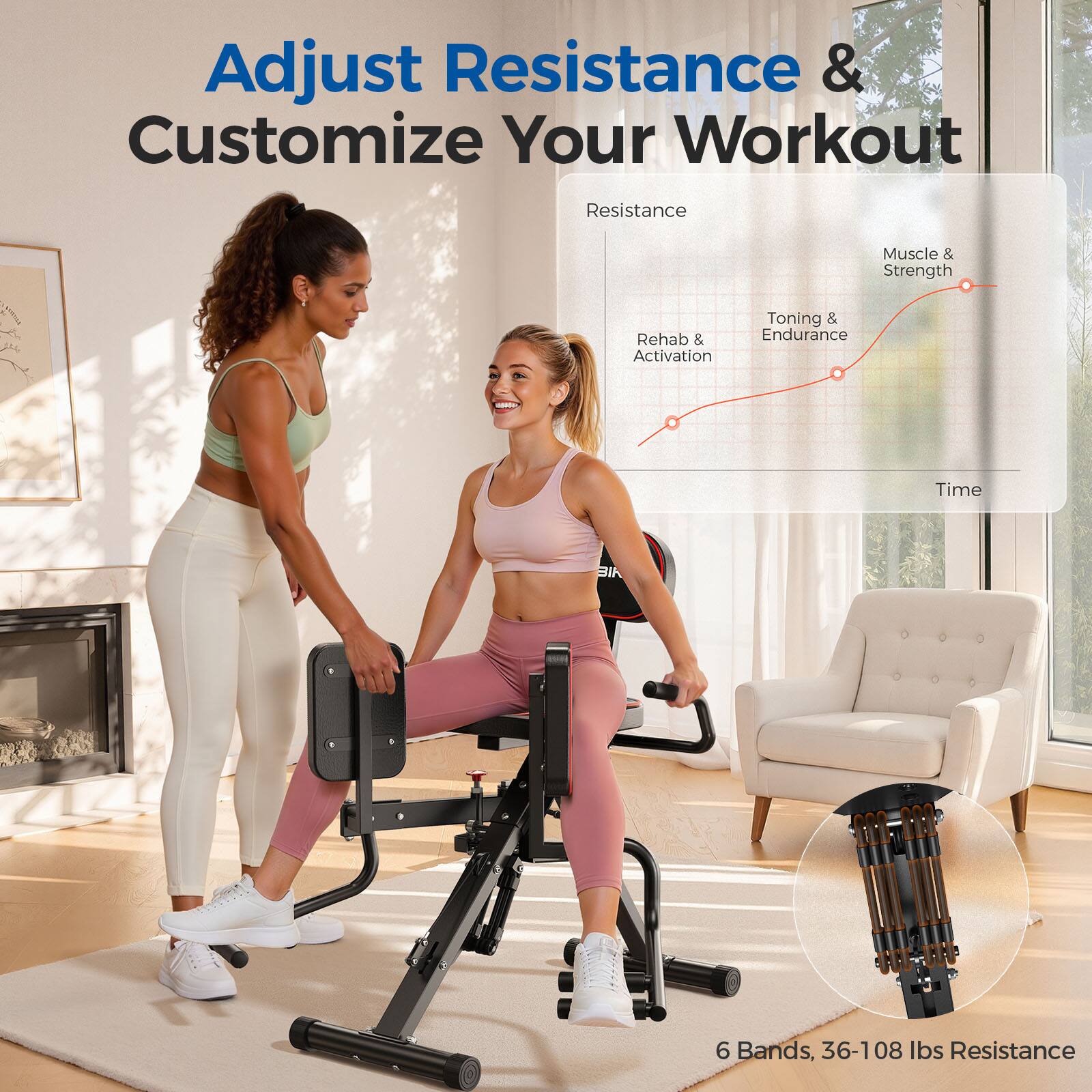 Adjust Resistance & Customize Your Workout

Rehab & Activation  
Muscle & Strength  
Toning & Endurance  
Time

6 Bands, 36-108 lbs Resistance