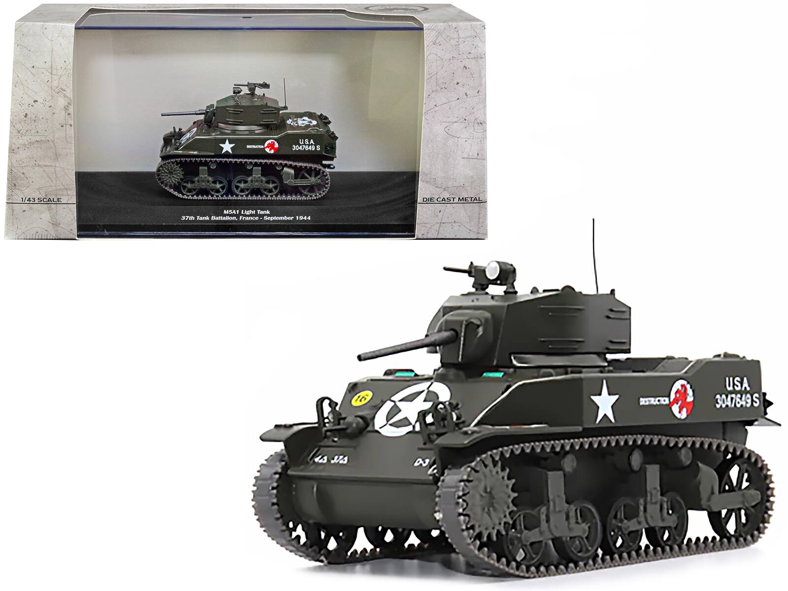USA 3047649 S  
1/43 SCALE  
DIE CAST METAL  
M5A1 Light Tank  
37th Tank Battalion, France - September 1944  
USA 3047649 S