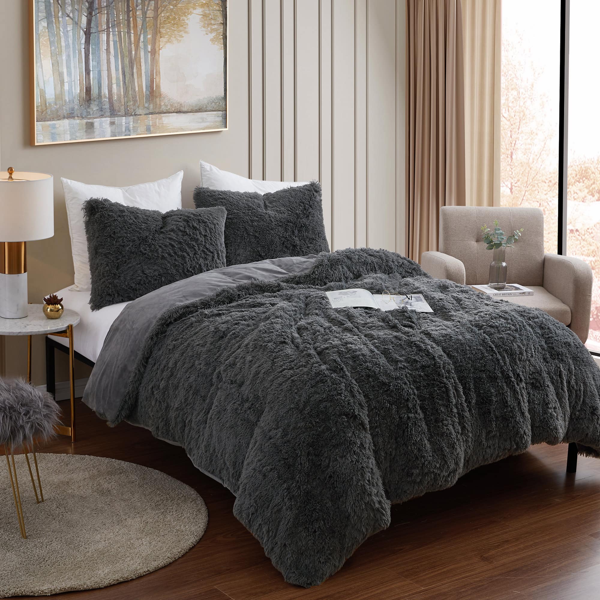 Sweet Home Collection - 3 Piece Plush Shaggy Comforter and Pillow Sham, Ultra Soft Faux Fur Decorative Bedding - Queen - Dark Gray