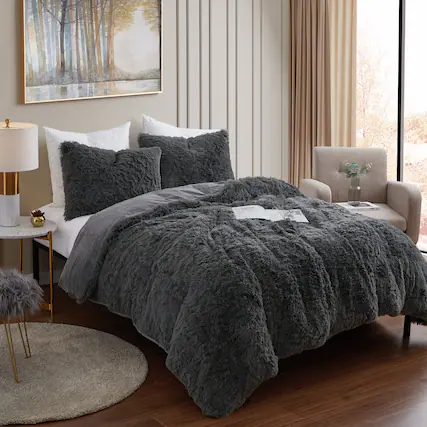 Front. Sweet Home Collection - 3 Piece Plush Shaggy Comforter and Pillow Sham, Ultra Soft Faux Fur Decorative Bedding - Queen - Dark Gray.