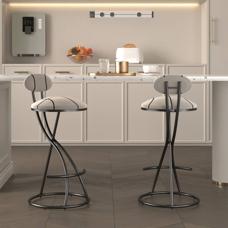 HTUTWOO - Upholstered Bar Stools Set of 2, Striped Velvet Counter Height Barstools, for Kitchen Island & Living Room - Black