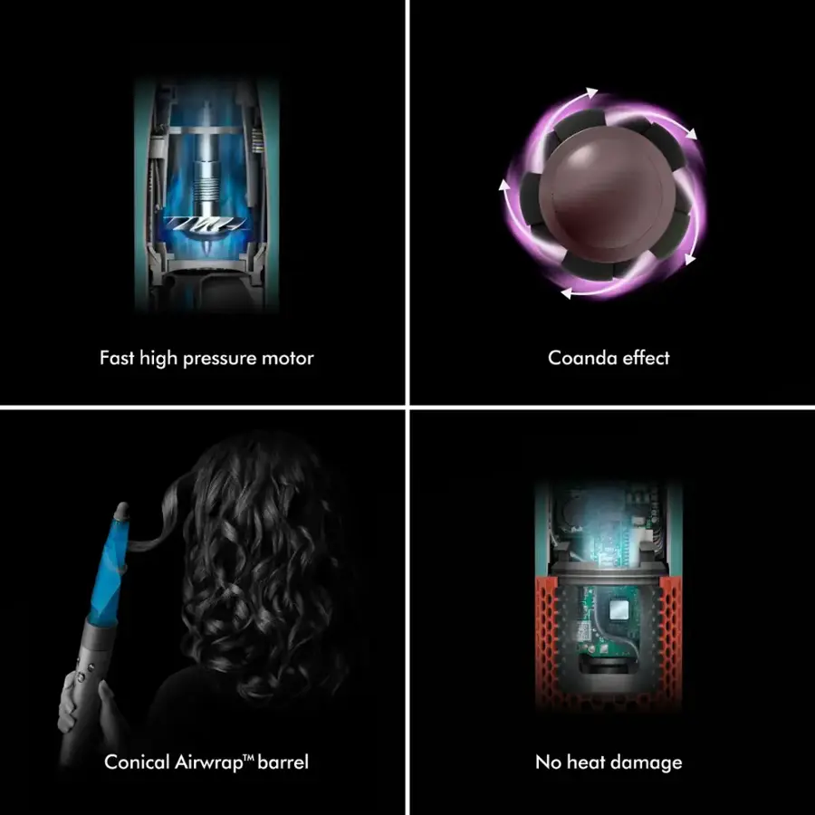 Group: Hair Dryer

Corrected text: Fast high pressure motor Coanda effect B.N8 TM Conical AirwrapM barrel No heat damage