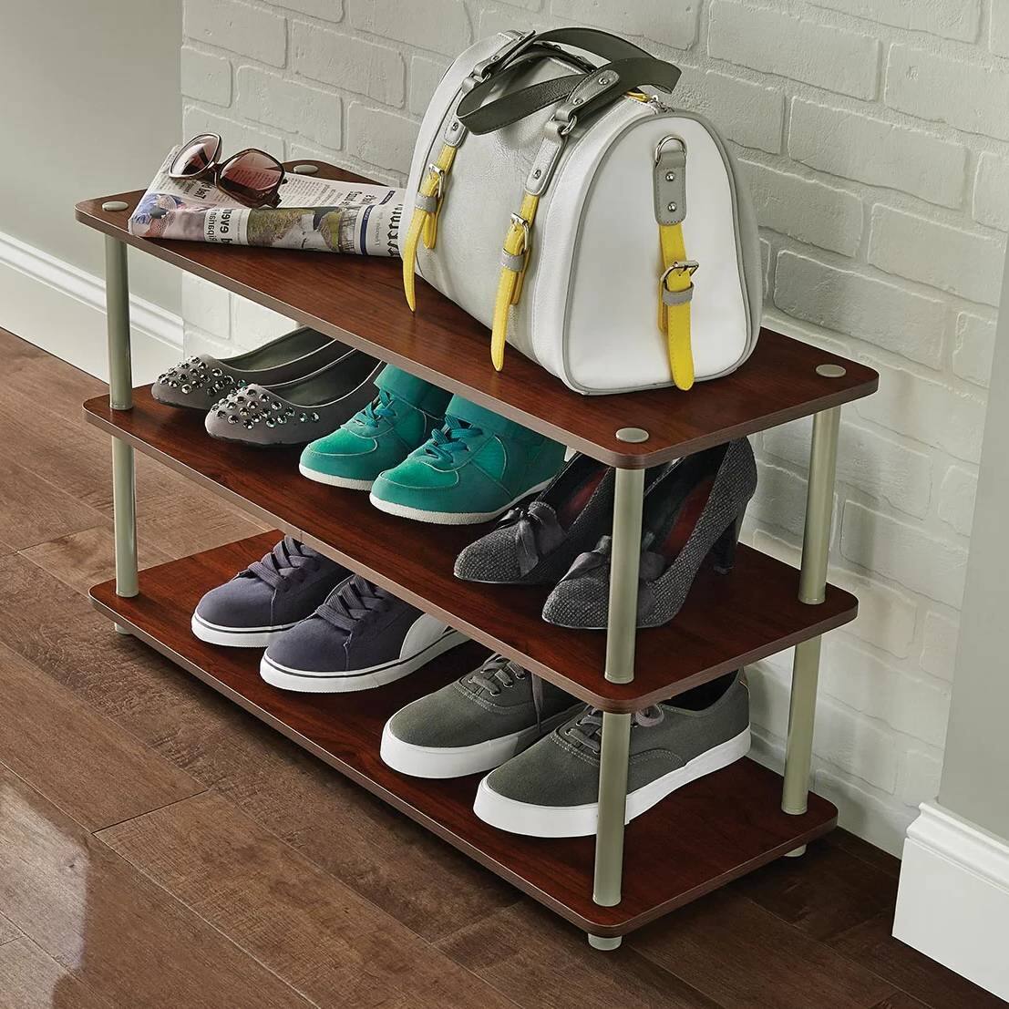 Left. Hivvago - Dark Cherry 3-Shelf Modern Shoe Rack - Holds up to 12 Pair of Shoes - Dark Cherry.