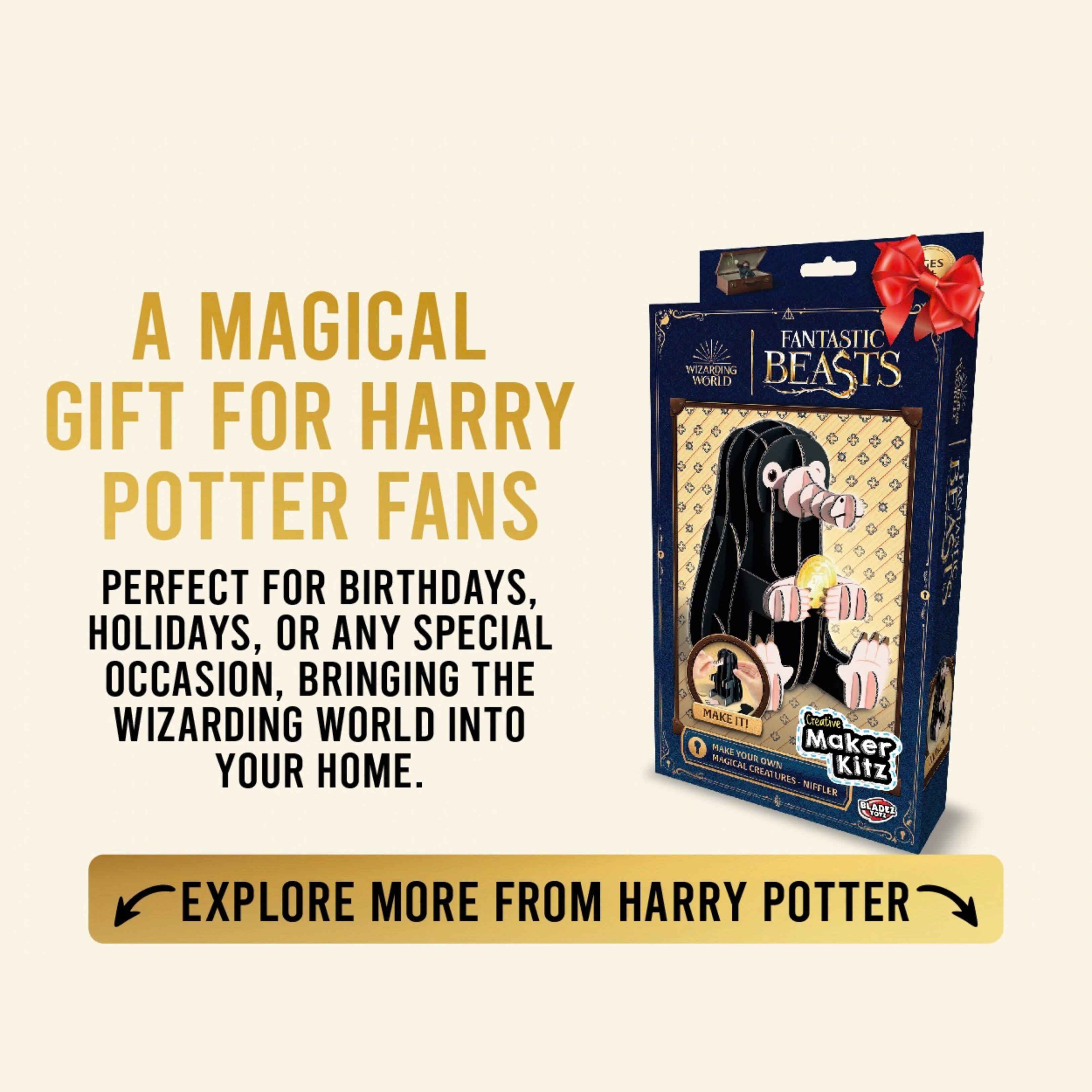 A MAGICAL GIFT FOR HARRY POTTER FANS  
PERFECT FOR BIRTHDAYS, HOLIDAYS, OR ANY SPECIAL OCCASION, BRINGING THE WIZARDING WORLD INTO YOUR HOME.  

FANTASTIC WIZARDING BEASTS WORLD MAKE IT!  
nourtive MAGICAL MAKE YOUR EWO Maker CREATURES Kitz NIFFLER BLADEZ  

EXPLORE MORE FROM HARRY POTTER