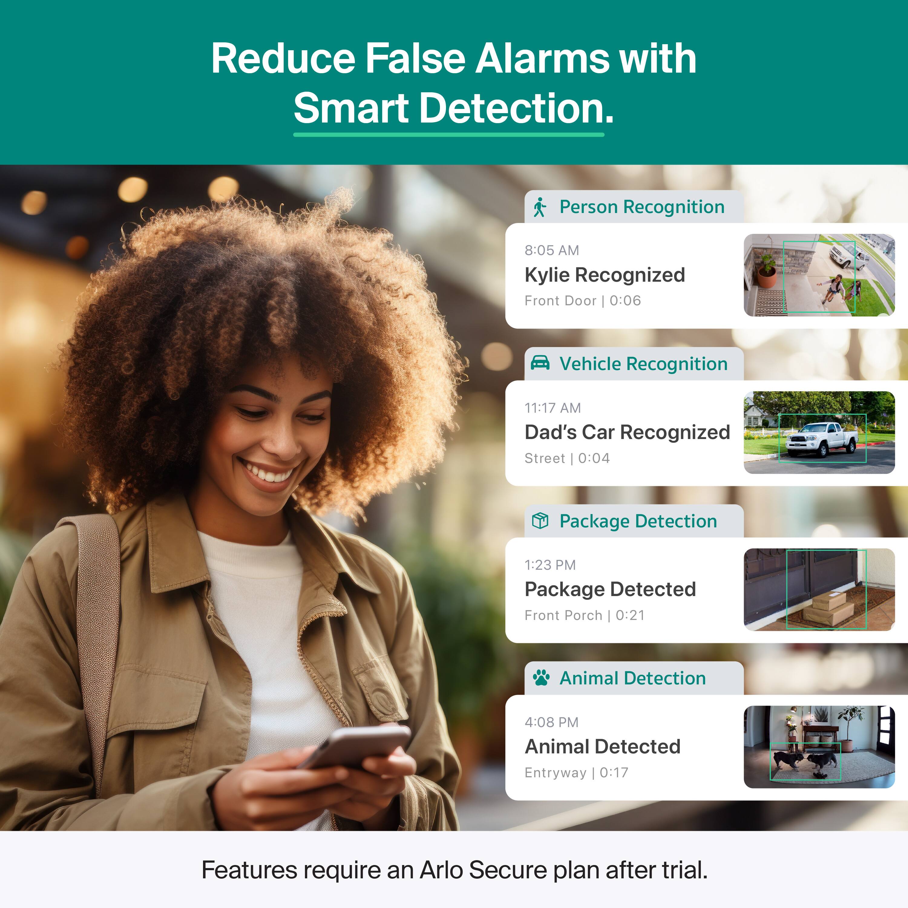 Reduce False Alarms with Smart Detection. Person Recognition 8:05 AM Kylie Recognized Front Door 0:06 Vehicle Recognition 11:17 AM Dad's Car Recognized Street 0:04 Package Detection 1:23 PM Package Detected Front Porch 0:21 Animal Detection 4:08 PM Animal Detected Entryway 0:17 Features require an Arlo Secure plan after trial.