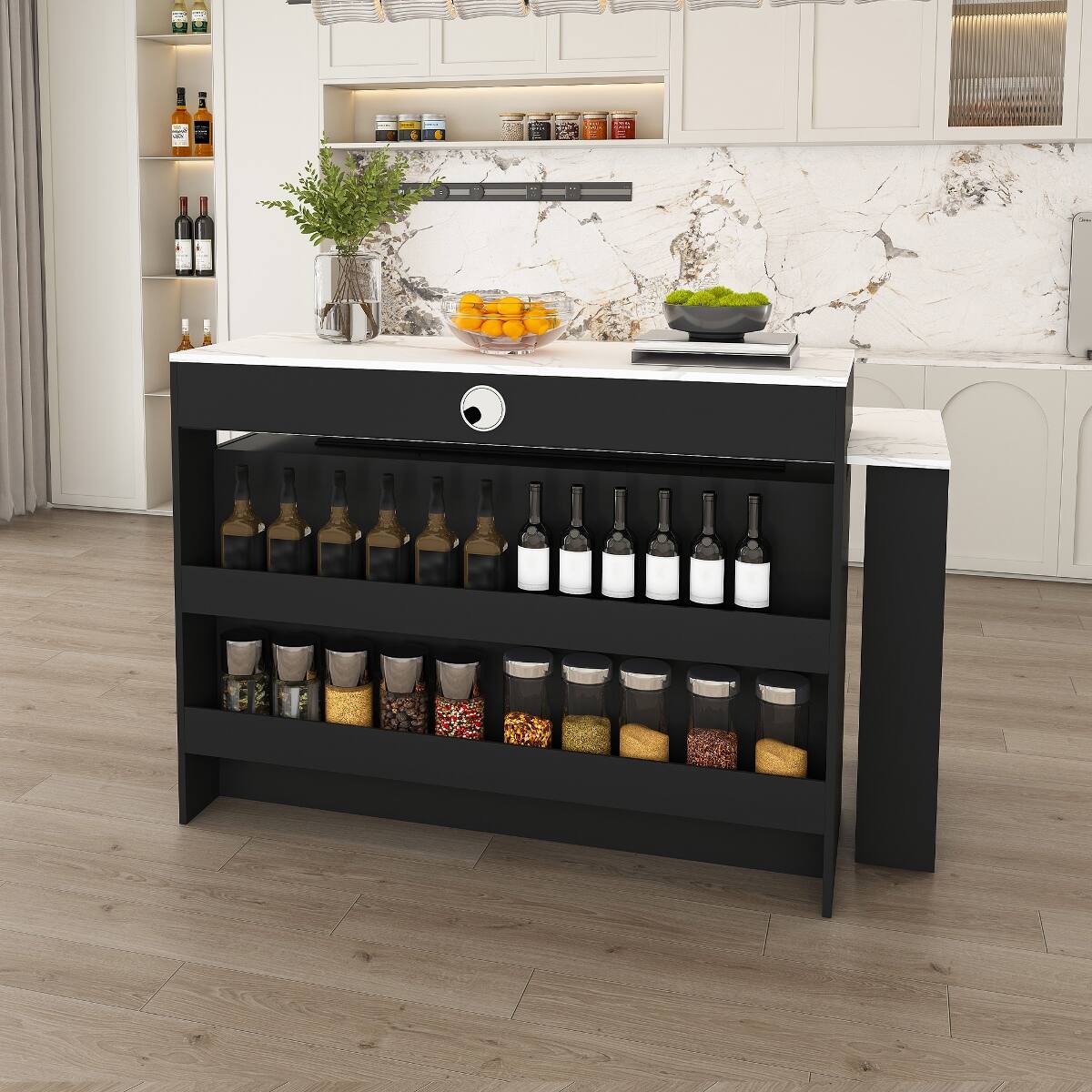 Alt View 1. Loheer - Loheer Extendable Kitchen Island with Power Outlets Boho Style - Black.