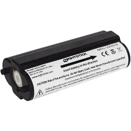 10/2018 MFG: (NIGHTSTICK CE specified this direction (manufacturer's 5522-BATT INC. in Heat Above (Nightstick Model PRODUCTS, Insert battery Crush, Incinerate. battery explosion. with BAYCO TX USA Not Open, or Replace of fire or WYLIE, www.nightstick.com Do temperature) a risk and Burns. replacement. present of another Use Follow only. 5522-BATT) !