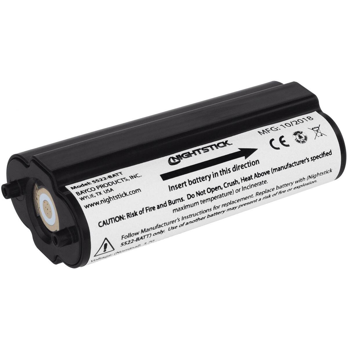 10/2018 MFG: (NIGHTSTICK CE specified this direction (manufacturer's 5522-BATT INC. in Heat Above (Nightstick Model PRODUCTS, Insert battery Crush, Incinerate. battery explosion. with BAYCO TX USA Not Open, or Replace of fire or WYLIE, www.nightstick.com Do temperature) a risk and Burns. replacement. present of another Use Follow only. 5522-BATT) !