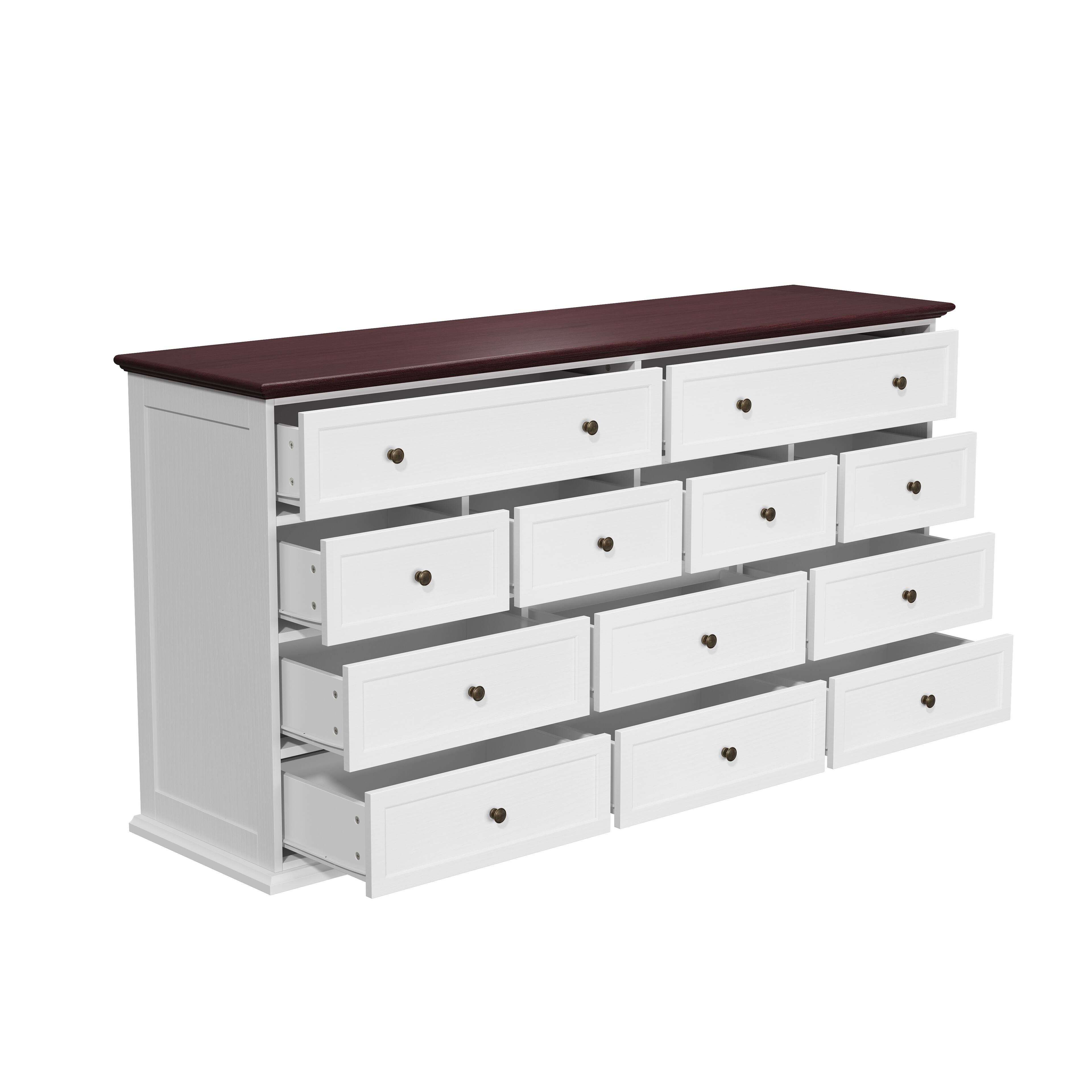 Left. Famapy - 12-Drawer Wide Dresser for Bedroom, European-Style Chest of Drawers with Quiet-Glide Slides - White & Cherry Brown.