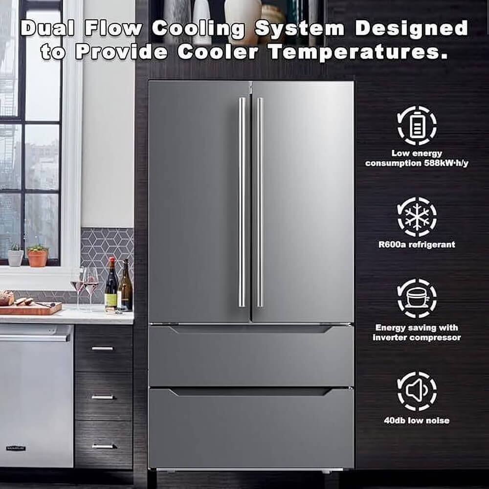 Dual Flow Cooling System Designed to Provide Cooler Temperatures.

- Low energy consumption 588kW-h/y
- R600a refrigerant
- Energy saving with Inverter compressor
- 40db low noise