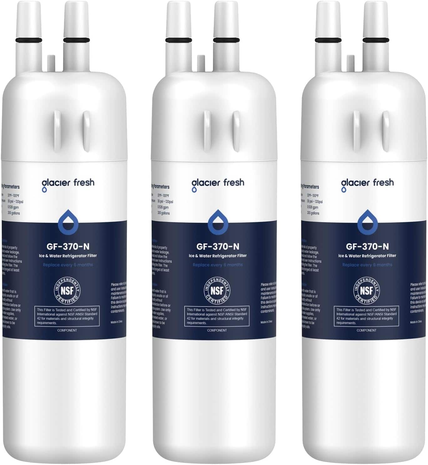 Sure, here is the corrected and grouped text from the image:
---
**glacier fresh**
**GF-370-N**
Ice & Water Refrigerator Filter
Replace every 6 months
**Parameters:**
- 100% 100% 100%
- 100% 100% 100%
- 100% 100% 100%
- 100% 100% 100%
- 100% 100% 100%
- 100% 100% 100%
- 100% 100% 100%
- 100% 100% 100%
- 100% 100% 100%
- 100% 100% 100%
- 100% 100% 100%
- 100% 100% 100%
- 100% 100% 100%
- 10